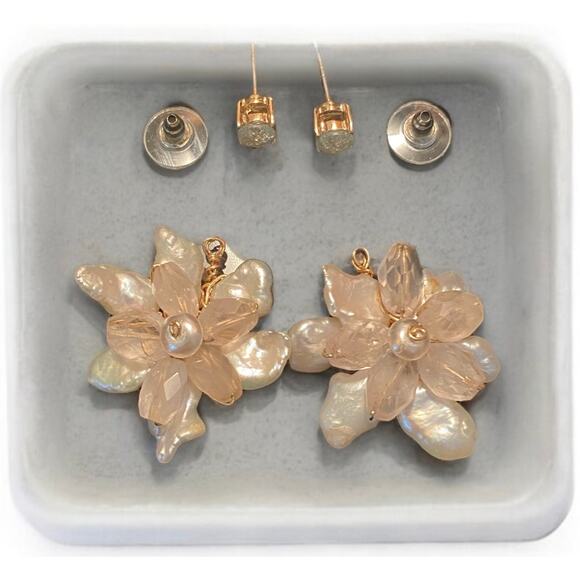 Vintage Rampaige Custom Made Seed Pearl and Pink Green Quartz Pierced Earrings - Picture 3 of 7